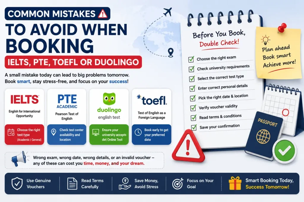 Common mistakes to avoid when booking IELTS, PTE, TOEFL or Duolingo English exams