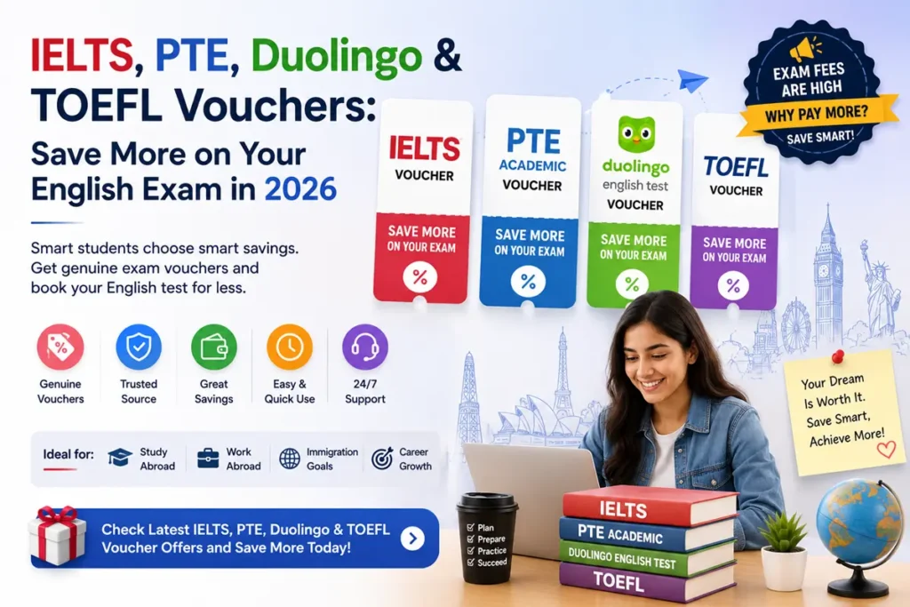 IELTS PTE Duolingo TOEFL vouchers and exam discounts 2026